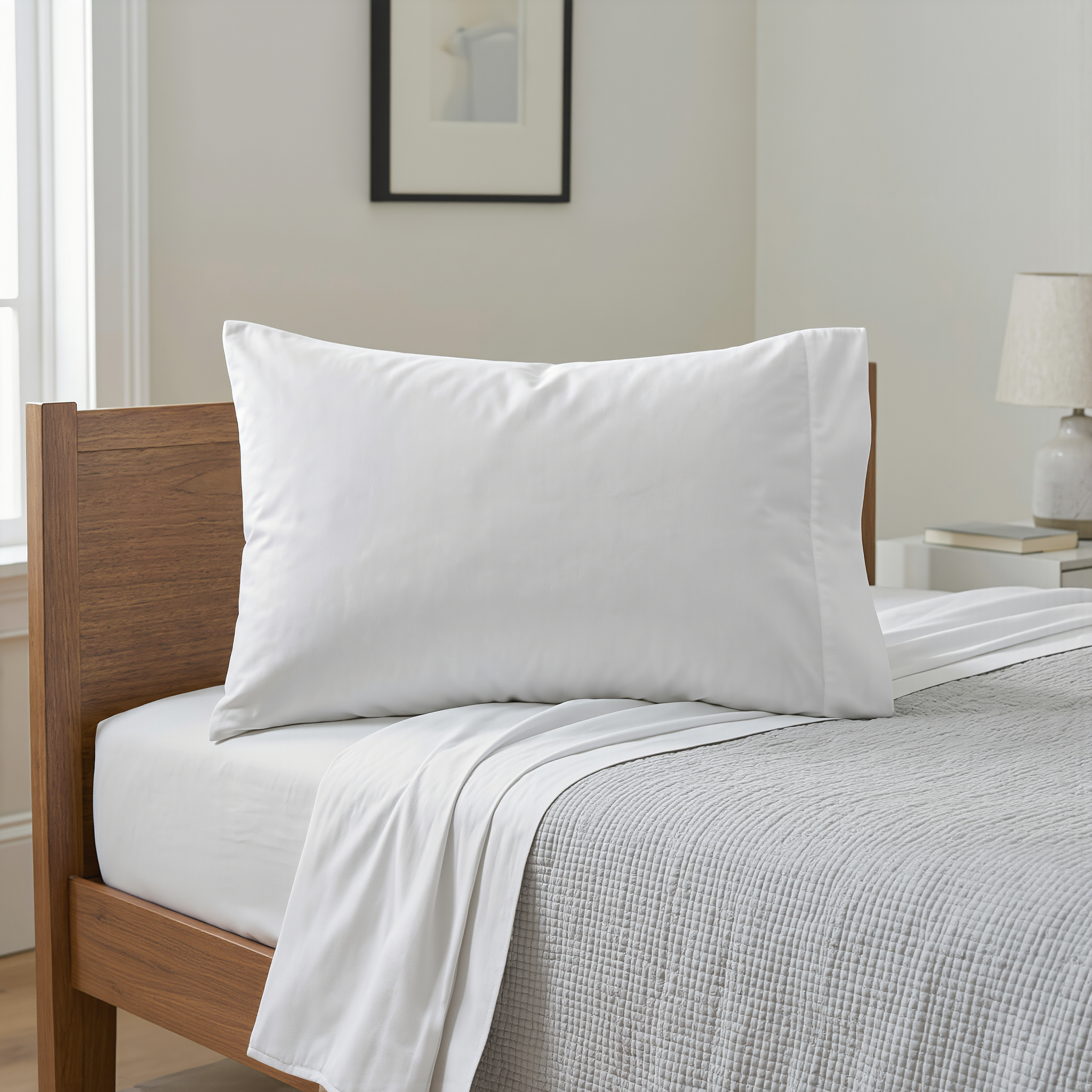White pillow on a bed with wooden headboard and gray bedding in a bedroom setting.