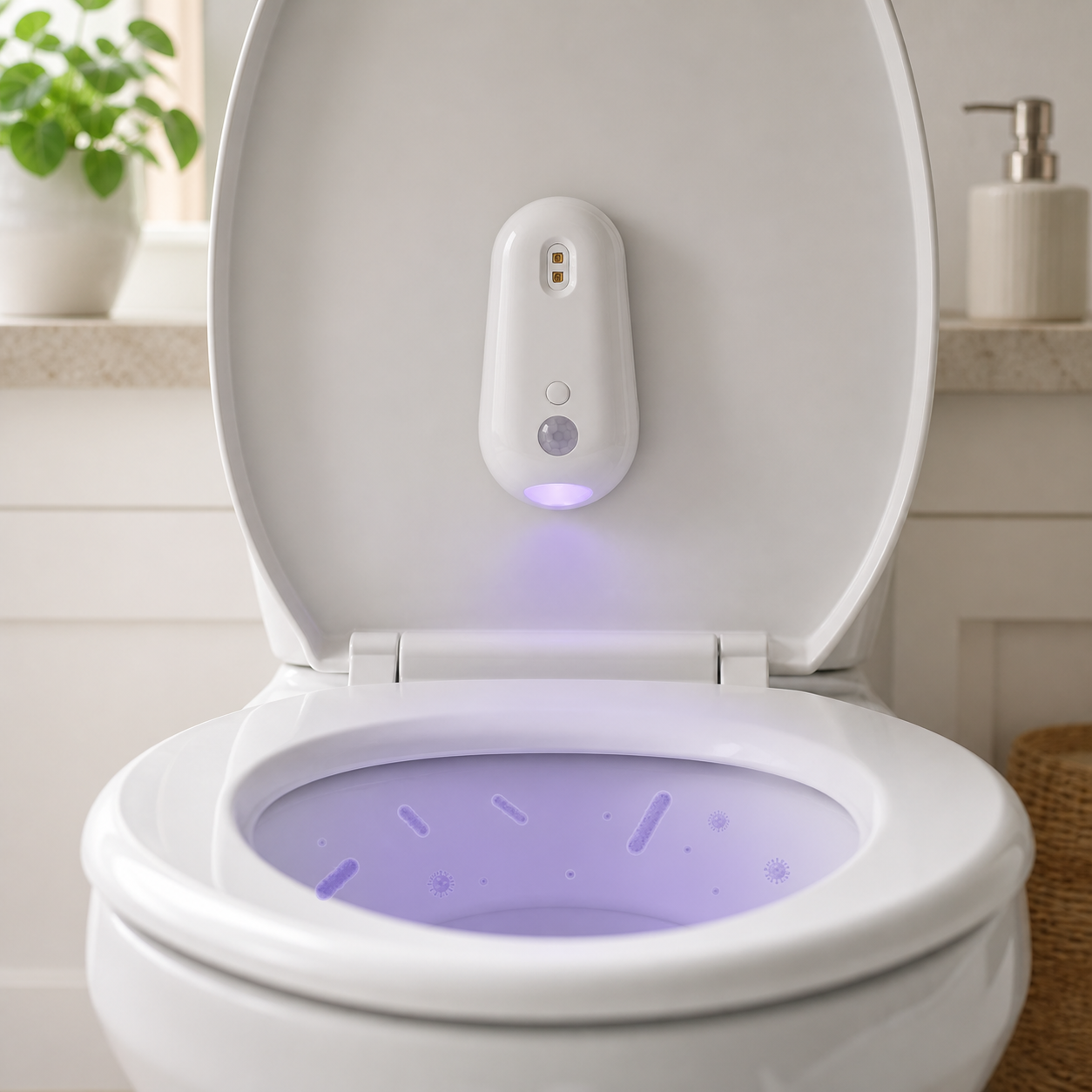 PureGlow UV toilet sanitizer visualizing bacteria inside a toilet bowl